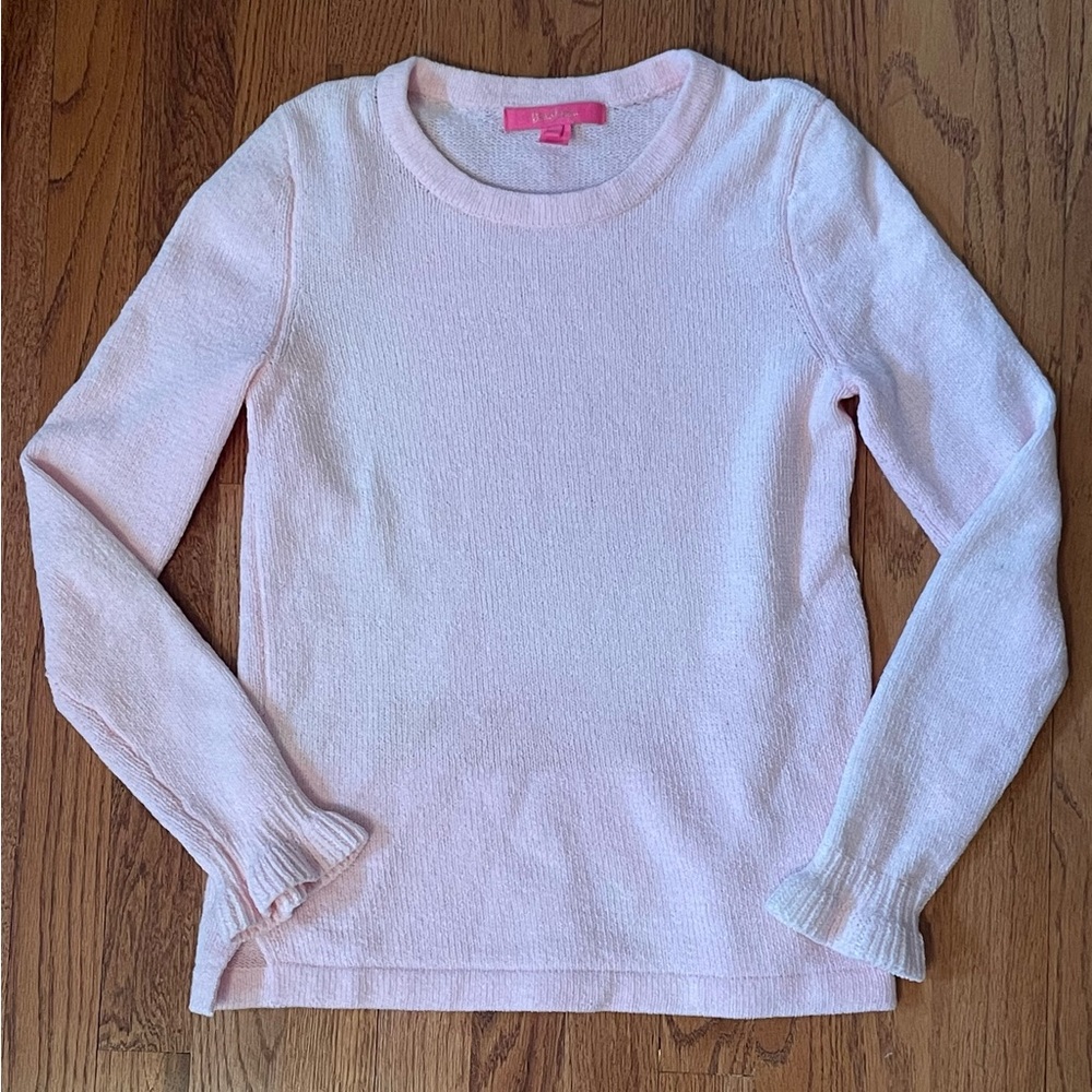 EUC Crewneck Sweater, long sleeves w a ruffle/flare cuff. XXS. Light Pink.